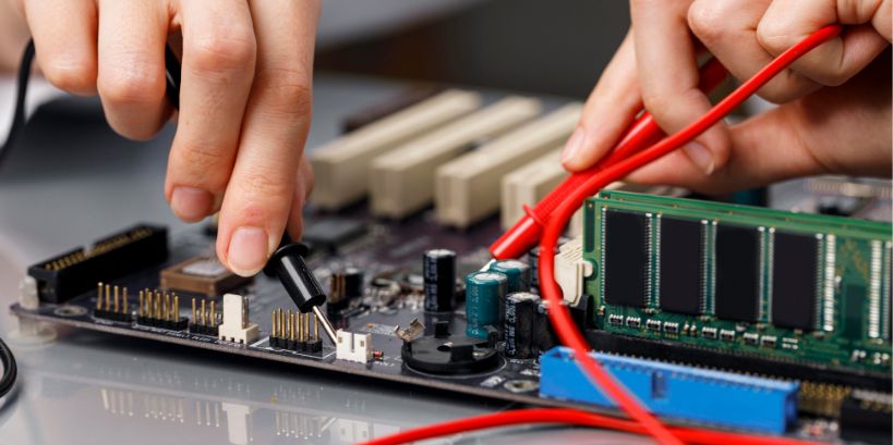 Electronics repair technician servicing PCB board at Al Barsha Electronics LLC in Al Barsha 1, Dubai