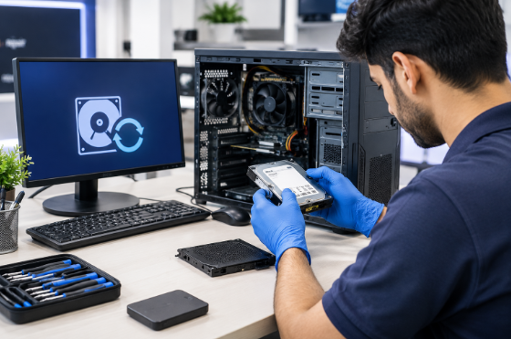 Desktop data recovery technician repairing a hard drive in Dubai