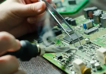Professional electronics repair service centre in Al Barsha Dubai — Al Barsha Electronics LLC technician repairing PCB board